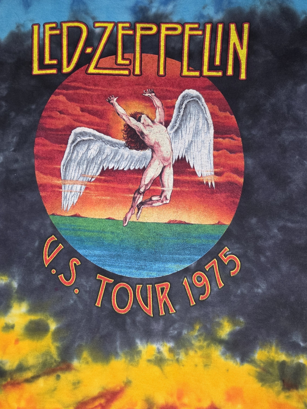 Led Zeppelin US Tour 1975 Tie-Dye Graphic Tee - Black/Yellow/Blue Size Medium